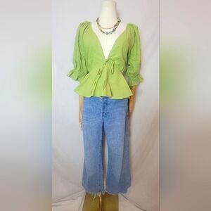 7 For All Mankind Green Linen Peplum  Blouse, Size Large